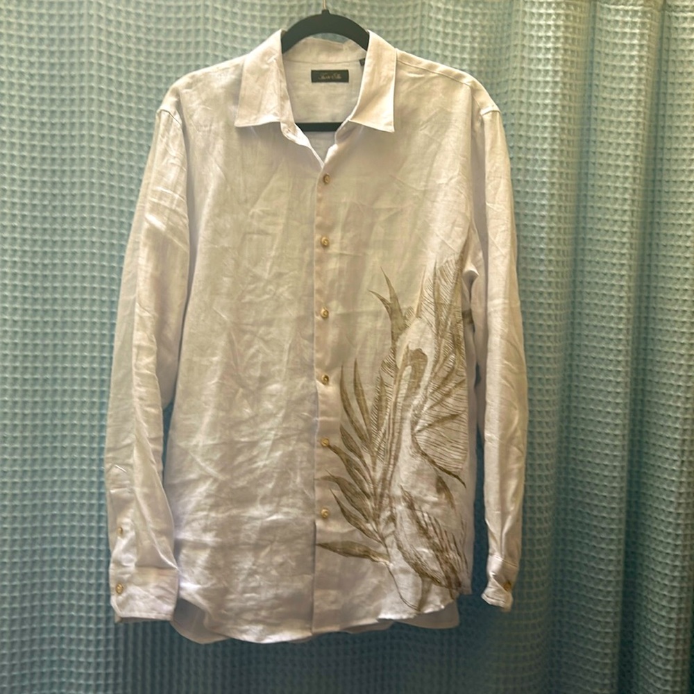 100% linen beautiful collared shirt with gorgeous design so breathable size L